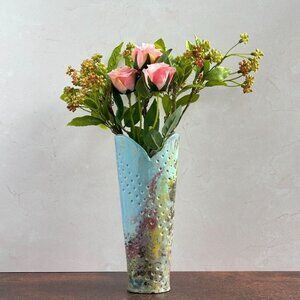 Studio Pottery Vase 8", Blue Yellow Pierced Ceramic